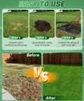 Lawn Leveling Rake For Easy Yard Work 30x10 Inch Head 73 Inch Heavy Duty Tool leveling soil and showing before and after lawn results.