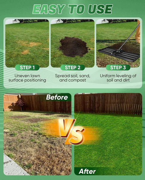 Lawn Leveling Rake For Easy Yard Work 30x10 Inch Head 73 Inch Heavy Duty Tool leveling soil and showing before and after lawn results.
