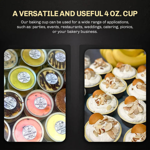 Disposable Colored Aluminum Baking Cups With Lids, 4 Ounce Capacity, Black Exterior With Gold Interior, displayed with desserts