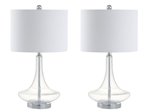 Teardrop Glass Table Lamps Set Of 2 With Clear And Chrome Finish, Sleek Modern Bedside Lights For Bedroom And Living Room
