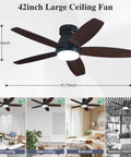 42 Inch Ceiling Fan With Lights And Remote Control For Indoor And Outdoor Use, Flush Mount Low Profile Reversible Dimmable Black And Wood Grain Finish, shown in various rooms and dimensions.