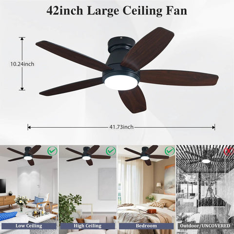 42 Inch Ceiling Fan With Lights And Remote Control For Indoor And Outdoor Use, Flush Mount Low Profile Reversible Dimmable Black And Wood Grain Finish, shown in various rooms and dimensions.