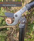 Powerful Gear Action Pruner With Sharp Steel Blade for tree trimming, cutting a branch, close-up on cutting mechanism