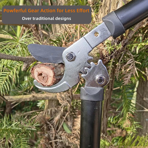 Powerful Gear Action Pruner With Sharp Steel Blade for tree trimming, cutting a branch, close-up on cutting mechanism