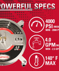 Universal 16.5 Inch Pressure Washer Surface Cleaner Stainless Steel For Gas And Electric Cold Water One Quarter Inch Quick Connect Max 4000 PSI Perfect For Driveways Patios And Sidewalks with specifications showing PSI and GPM details.