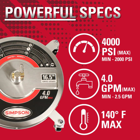 Universal 16.5 Inch Pressure Washer Surface Cleaner Stainless Steel For Gas And Electric Cold Water One Quarter Inch Quick Connect Max 4000 PSI Perfect For Driveways Patios And Sidewalks with specifications showing PSI and GPM details.