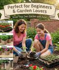 Mother and daughter using 5 Pack Seed Starter Trays With 90 Square Peat Pots Made From Plant Based Pulp Seed Germination Kit With 40 Plant Labels for planting in a garden.