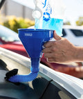 Blue funnel from Color Coded Automotive Flex Funnel Kit With Hose And Mesh Filter 2 Pack Wide Mouth Oil Funnel for fluid transfer.