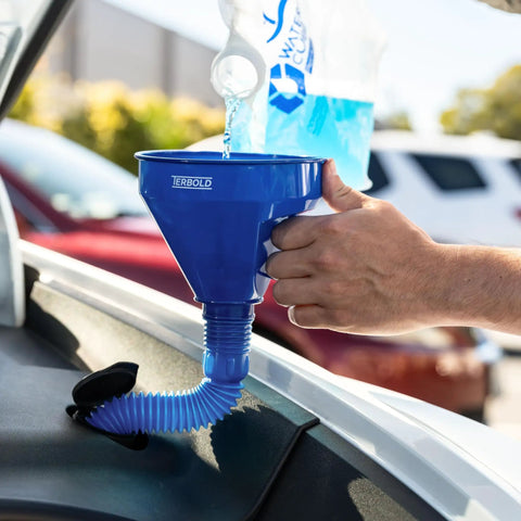 Blue funnel from Color Coded Automotive Flex Funnel Kit With Hose And Mesh Filter 2 Pack Wide Mouth Oil Funnel for fluid transfer.