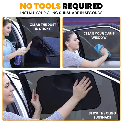 Woman installing 4 Pack Car Window Sun Shades For Baby And Kids, Foldable Cling Window Covers To Block UV, 21x12 size