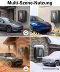 Drop Dead Sturdy EV Charger Cover With Weatherproof Lock Enclosure For Tesla Chargepoint And Grizzl E Plugs mounted on walls in rainy and snowy weather.