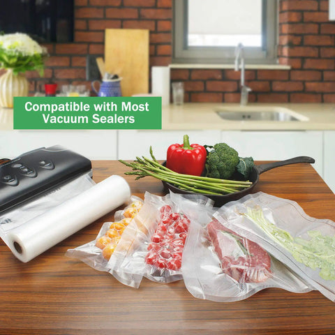 Bang For Your Buck Vacuum Sealer Bags Rolls 4 Pack 11 Inch By 25 Feet Compatible With FoodSaver in kitchen setting with food items