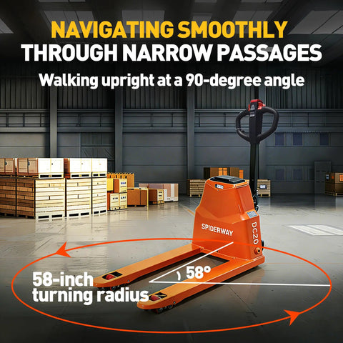 Heavy Duty Electric Pallet Jack With 4400 Lb Capacity And Lithium Battery, showcasing a 58-inch turning radius in a warehouse.