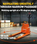 Heavy Duty Electric Pallet Jack With 4400 Lbs Capacity navigating in tight warehouse aisles with a 58-inch turning radius.