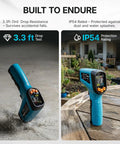 Infrared Thermometer Gun With Meat Thermometer Included, Lightning Fast 0.5 Second Readouts, Industrial Grade Sensor, Emissivity Adjustable 0.1 to 0.99, 12 to 1 Spot Ratio, Wide -58F to 1112F Range, Perfect For Grilling And BBQ Boss, blue handheld in drop and water test
