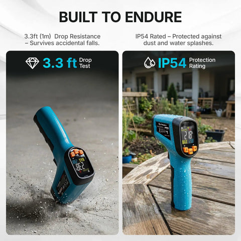 Infrared Thermometer Gun With Meat Thermometer Included, Lightning Fast 0.5 Second Readouts, Industrial Grade Sensor, Emissivity Adjustable 0.1 to 0.99, 12 to 1 Spot Ratio, Wide -58F to 1112F Range, Perfect For Grilling And BBQ Boss, blue handheld in drop and water test