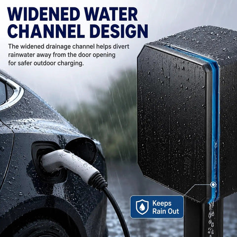 Badass Outdoor EV Charger Enclosure With Sturdy Pedestal Stand And Hella Secure Combination Lock For Garage Or Driveway Weatherproof Electric Vehicle Box with widened water channel design.