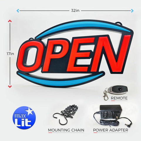 32 Inch By 17 Inch LED Open Sign With Remote Control Ultra Bright Red And Blue Display Dynamic Light Modes High Visibility