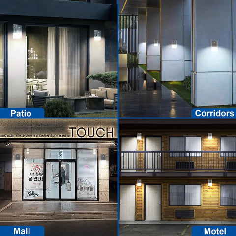 4 Pack Dusk To Dawn Outdoor LED Wall Pack Lights with Photocell Sensor illuminating patio, corridors, mall, and motel entries.