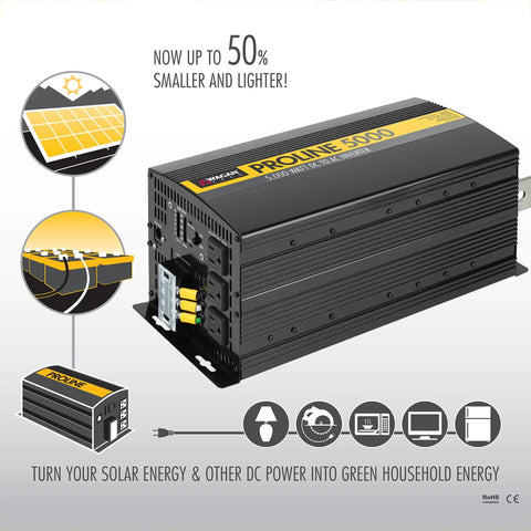 Plug And Play Heavy Duty 10000 Watt Power Inverter With Remote converts 12V DC battery to standard 120V AC outlet, compact design.