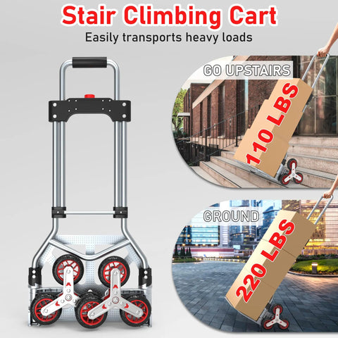 Rock Solid Stair Climbing Dolly Boasting Six Smooth Wheels And A Snappy Telescoping Handle Tough As Nails Aluminum Frame Hauls 220 Pounds shown with two use cases.
