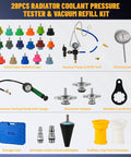 Amazon 28-piece radiator coolant pressure tester kit with vacuum purge tool, gauge, adapters, and storage case.