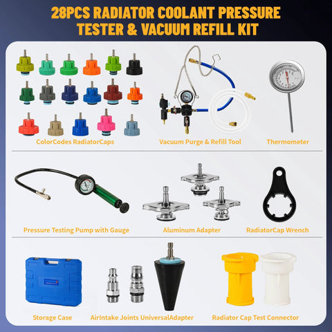 Amazon 28-piece radiator coolant pressure tester kit with vacuum purge tool, gauge, adapters, and storage case.
