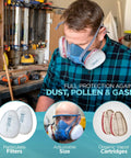 Man wearing Pro Grade Half Mask Respirator With Reusable Filters And Safety Glasses For Dust Pollen And Organic Vapor Protection