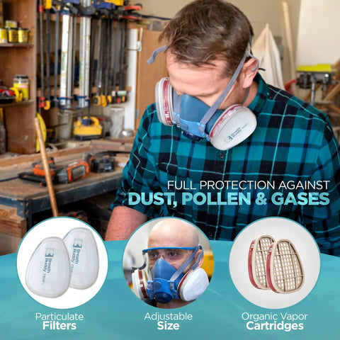 Man wearing Pro Grade Half Mask Respirator With Reusable Filters And Safety Glasses For Dust Pollen And Organic Vapor Protection