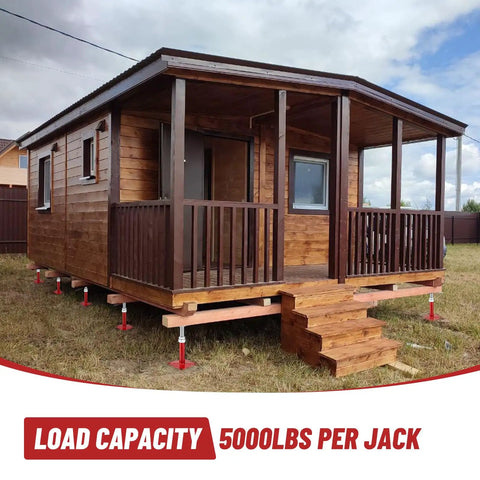 Heavy Duty 5000 Pound Screw Jacks For Floor Leveling Adjustable Foundation Supports shown under a wooden house.