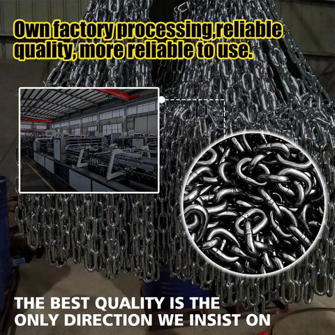 G80 Transport Binder Chain One Quarter Inch Fourteen Feet With Clevis Grab Hooks, manufacturing equipment and chain close-up