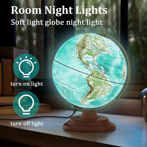 Lit 8 Inch Illuminated World Globe With Wooden Stand Built In LED Night Light Turquoise Blue Globe For Kids And Adults