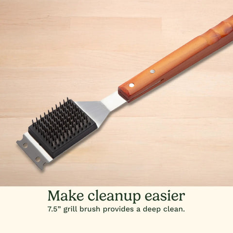 7.5" cleaning brush with wooden handle from 13 Piece Wooden Handle Grill Tools Set With Stainless Steel Spatula, Fork, Tongs, Cleaning Brush, Skewers, Corn Holders And Compact Case For Serious Backyard Cookouts