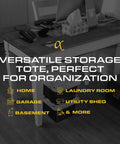 Heavy Duty 5 Gallon Stackable Storage Bins With Lids, Weather Resistant Plastic Organizer Set, shown under a desk