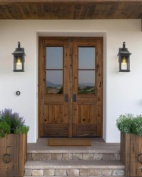 Matte Black Outdoor Wall Sconce With Seeded Glass 15 Inch Front Porch Light Fixture Exterior Wall Mount for Patio Entryway