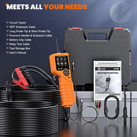 KM601 Power Circuit Probe Kit For 12V 24V Cars And Trucks, All In One Automotive Circuit Tester With Oscilloscope, Fuel Injector Signal, Battery Test, Multimeter, Short Circuit Finder, Current Probe, 30 Ft Cable, case and accessories