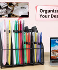 Mega Zipper Pouch Set, 16.9 by 12.4 Inches, organized in a black file holder on a desk, 12 colorful waterproof zipper bags