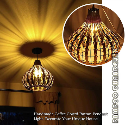 Handwoven Rattan Pendant Light With Wicker Shade Ceiling Fixture For Hallways And Islands Diameter 13.8 Inches 12W 2700K LED Corn Bulb Included Warm Glow Farmhouse Style Great For Dining Rooms Living Rooms Modern Rustic Homes Cozy Farmhouse Vibes hanging illuminated on ceiling