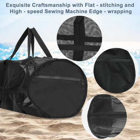 Diving Mesh Duffel Bag Large Capacity With Quick Dry Ventilation showing stitching, mesh detail, and splashproof pocket on beach