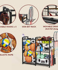 Garage Sports Equipment Organizer With Ball Storage Large Capacity For Gear And Toys Includes Hooks And Baskets For Basketballs Soccer Balls Footballs Golf Balls Bats And More, showing movable hooks, bat rack, and drawer.