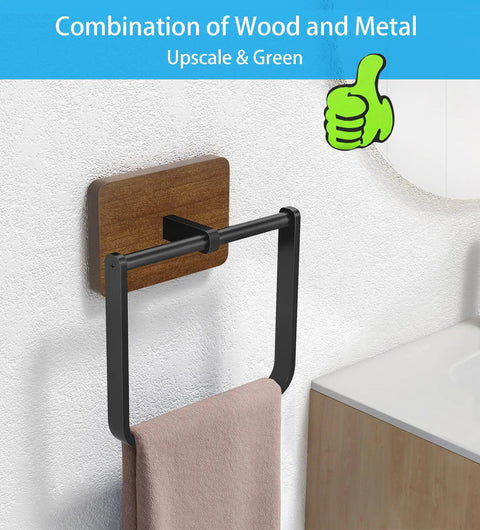Two Pack Square Towel Ring And Hand Towel Holder For Bathroom And Kitchen Wall Mount Heavy Duty Storage In Rustic Wood And Matte Black Metal Finish Practical And Stylish mounted on wall with towel