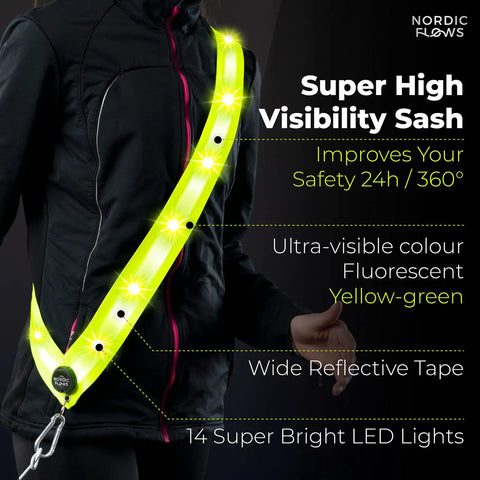 Rechargeable LED Reflective Safety Sash Featuring Three Custom Flashing Modes To Keep You Lit Safe And Street Sharp While Cruising The Sidewalks Or Cranking Out Night Miles