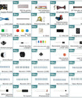 Electronics Component Starter Kit For Arduino And Raspberry Pi With Power Supply Module Jumper Wires Precision Potentiometer 830 Tie Point Breadboard And 485 Plus Components For STEM Learning Ideal For Beginners To Pros showing various electronic parts and components in a grid layout