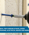 Close-up of 3/16 x 2-1/4 Inch Blue Climaseal Star Head Concrete Anchor being drilled into wood and concrete, showing corrosion-resistant coating.