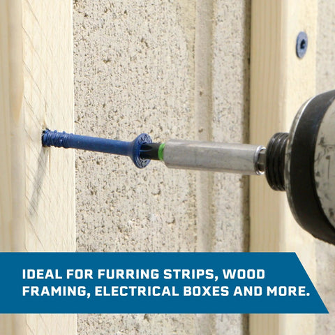 Close-up of 3/16 x 2-1/4 Inch Blue Climaseal Star Head Concrete Anchor being drilled into wood and concrete, showing corrosion-resistant coating.