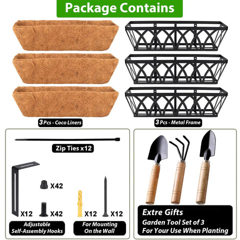 Package contents showing Three Pack 24 Inch Balcony Planter Boxes For Railing And Window Boxes, Dope Outdoor Fence Planters Hanging, Weatherproof Window Boxes Set For Patio Porch Garden And Yard, with coco liners, metal frames, hooks, and tools.