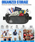 Travel Money Belt With RFID Blocking And Sweat Proof Heavy Duty Buckle Anti Theft Waist Wallet Stash showcasing organized essentials.