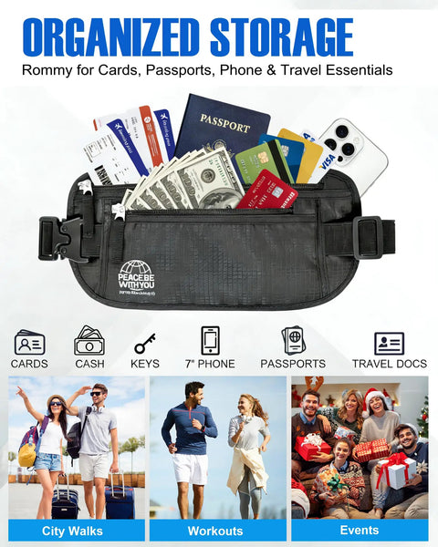 Travel Money Belt With RFID Blocking And Sweat Proof Heavy Duty Buckle Anti Theft Waist Wallet Stash showcasing organized essentials.