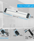 Hand Wave Activated Under Cabinet LED Lighting Kit 3 Pack 7 Inch Dimmable diagram with measurements and components included