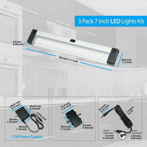 Hand Wave Activated Under Cabinet LED Lighting Kit 3 Pack 7 Inch Dimmable diagram with measurements and components included